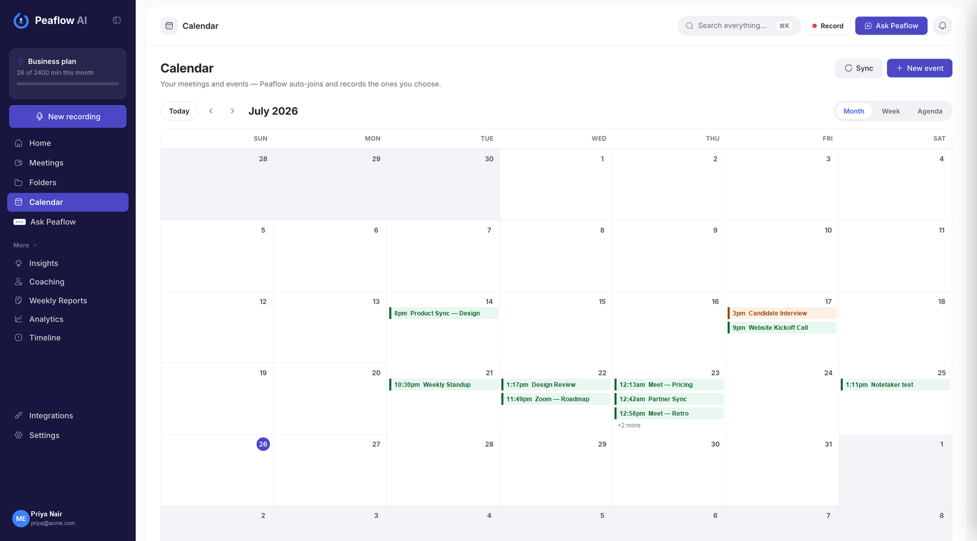Peaflow AI calendar view with scheduled meetings set to auto-record