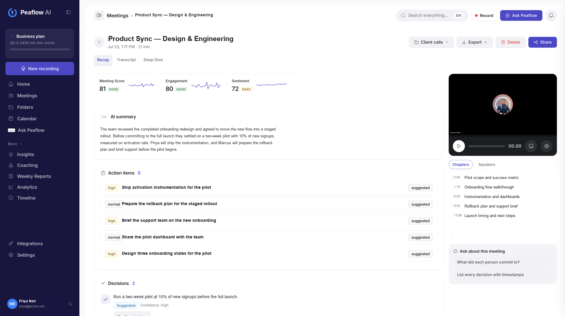 Peaflow AI meeting report with summary, decisions and action items